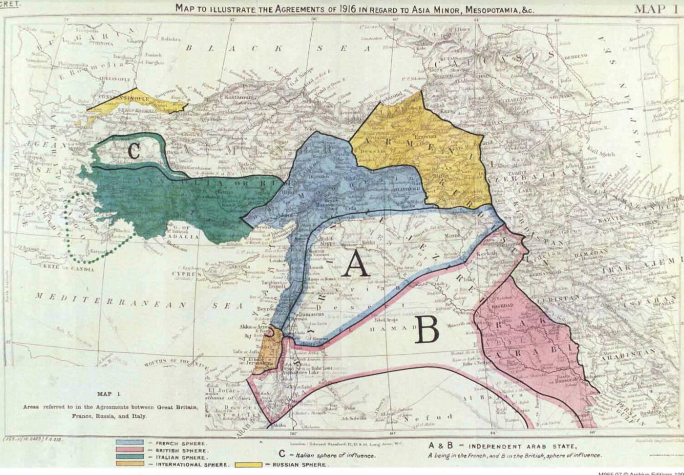 Carte du partage du Proche-Orient, après la réunion de Saint-Jean-de-Maurienne qui associe l’Italie. Les accords dits « Sykes-Picot » conclus à Londres en 1916 sont complétés en 1917. Entrée en guerre aux côtés de l’Entente pour étendre son influence sur 